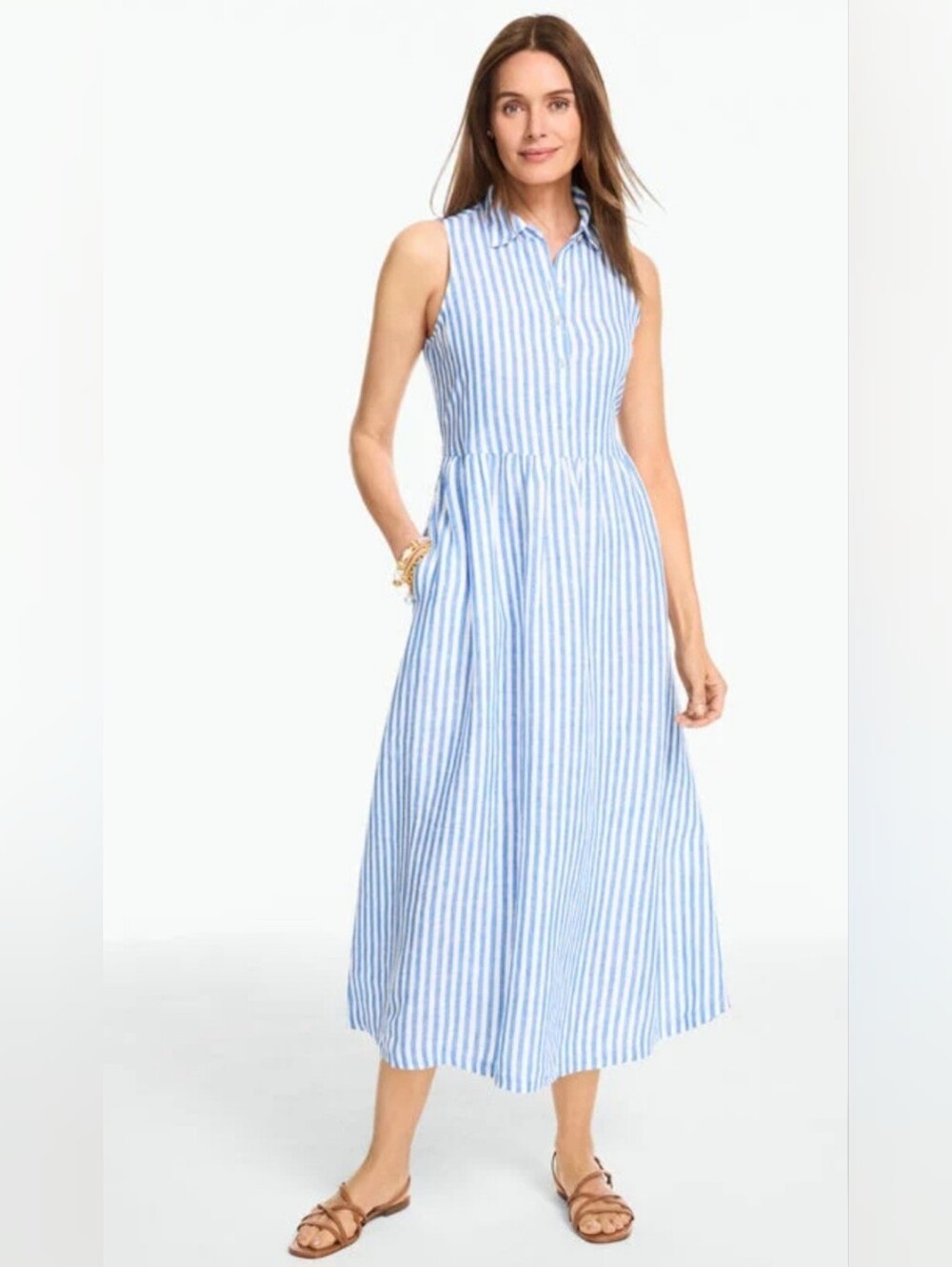 🎀 Talbots Linen Sleeveless Shirtdress in Sailboat Stripe – Size Medium Petite